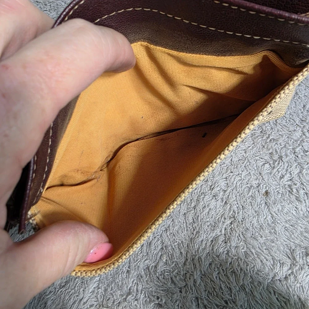 VINTAGE Oscar de la Renta‎ Cosmetic Pouch Beige Burgundy Canvas Zip Bag Small